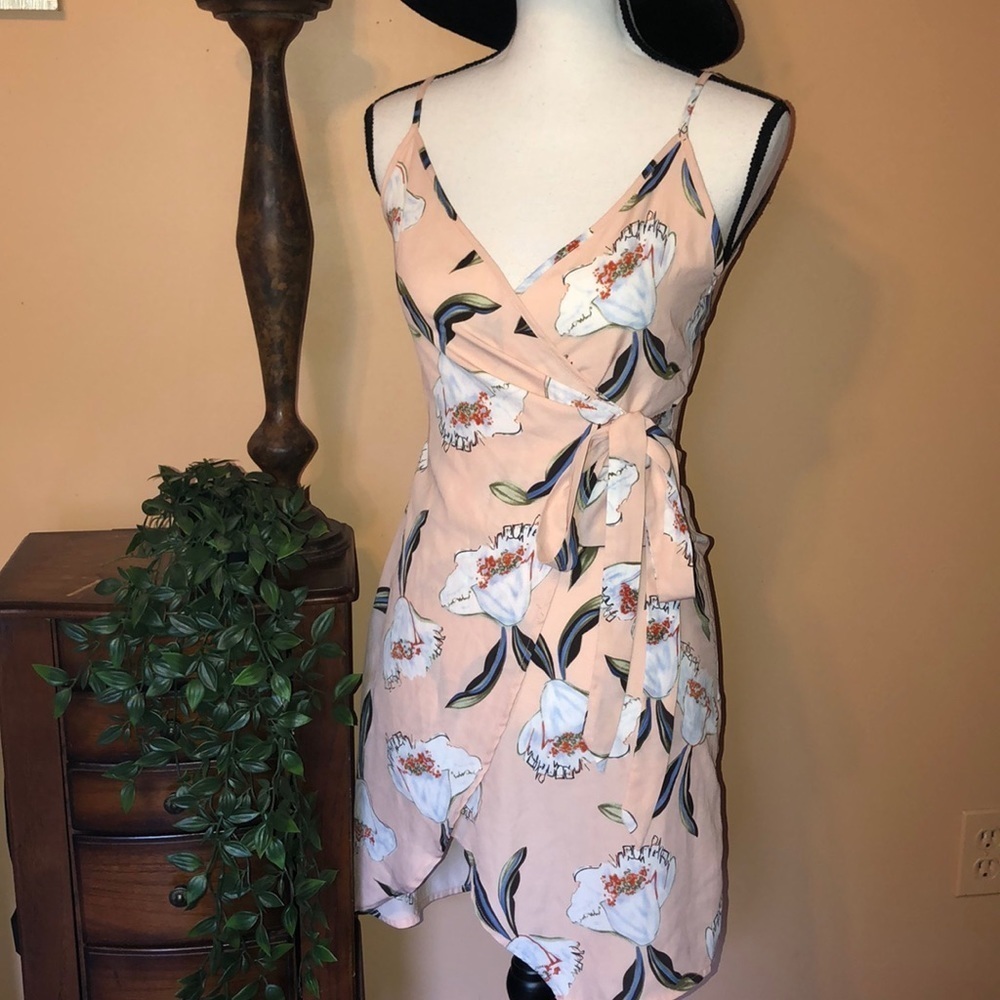 Floral wrap dress-peach with tropical white flowers